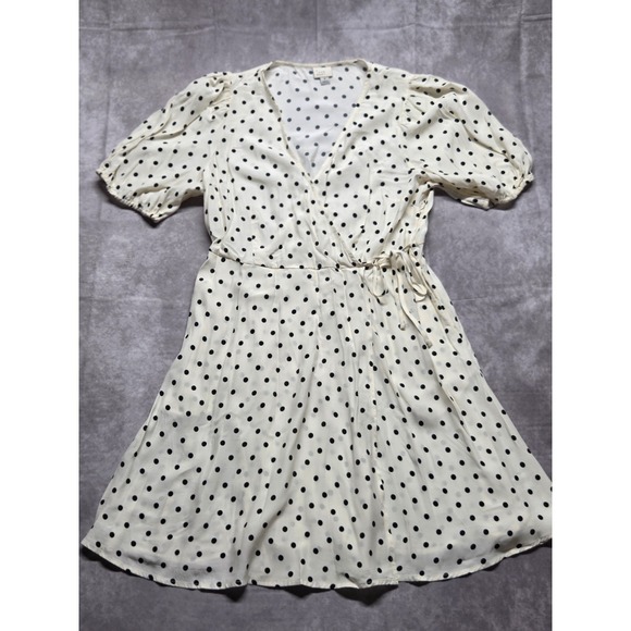 a new day Dresses & Skirts - A New Day Women's Medium Dress Ivory Black Short Sleeve Mini Wrap Polka Dots